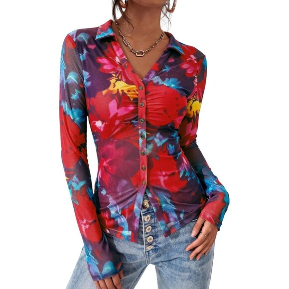Tops - Women Navy Red Button Down Floral Shirt Trendy Long Sleeve V Neck Blouse Top
